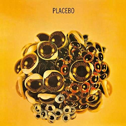 The image shows a cluster of eyeballs on a peach background with the text "PLACEBO" above.