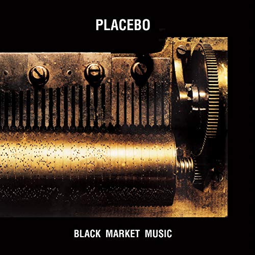 "Album cover featuring a close-up of a rusty, gold-hued mechanical device against a black background."