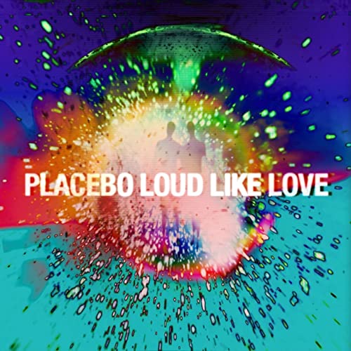 Silhouetted figures stand before a vibrant, colorful explosion on this Placebo album cover.