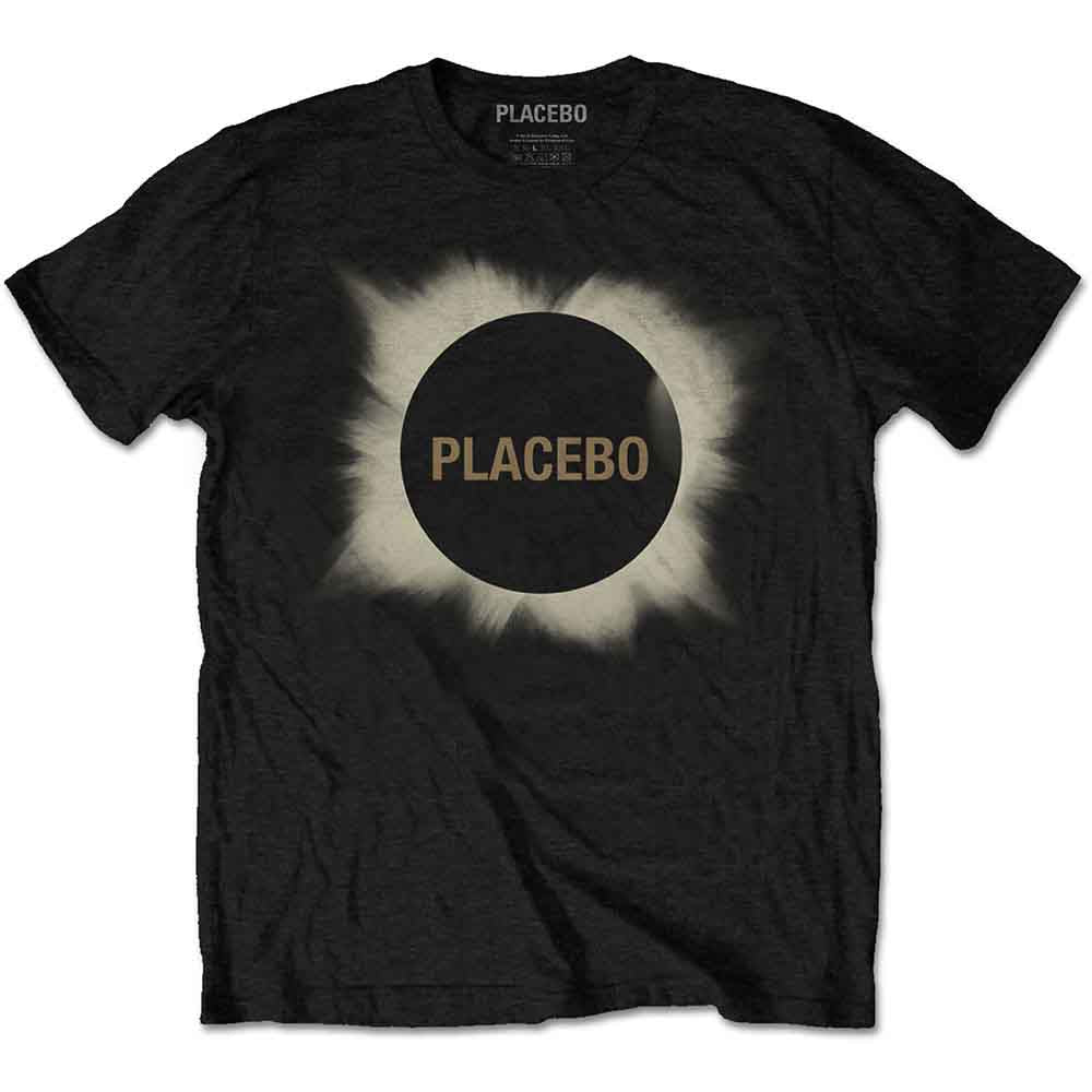 Black t-shirt with a white eclipse and "PLACEBO" text design.