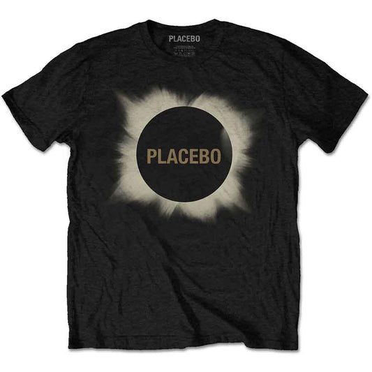 Black t-shirt with a white eclipse and "PLACEBO" text design.