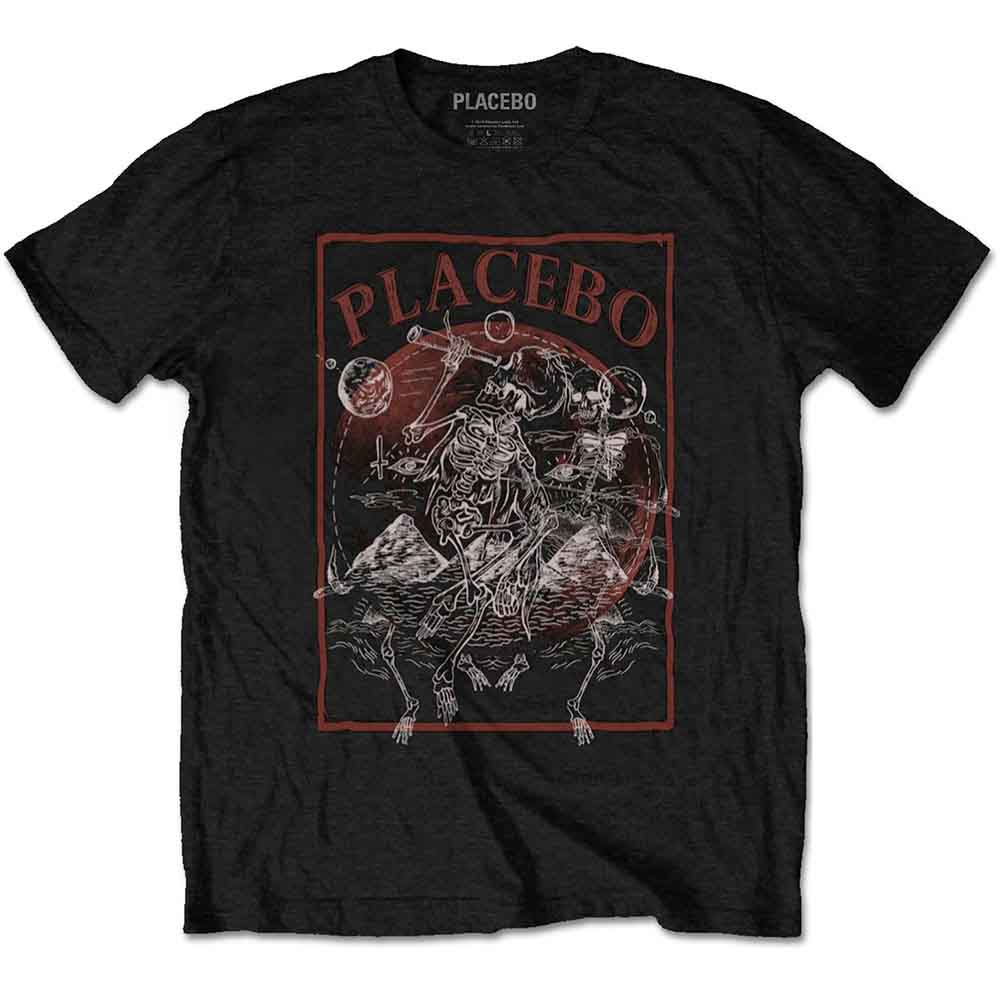 Black t-shirt with a red framed graphic of skeletons and planets.