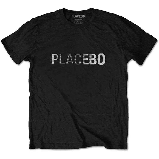 Black t-shirt with white "PLACEBO" text across the chest.
