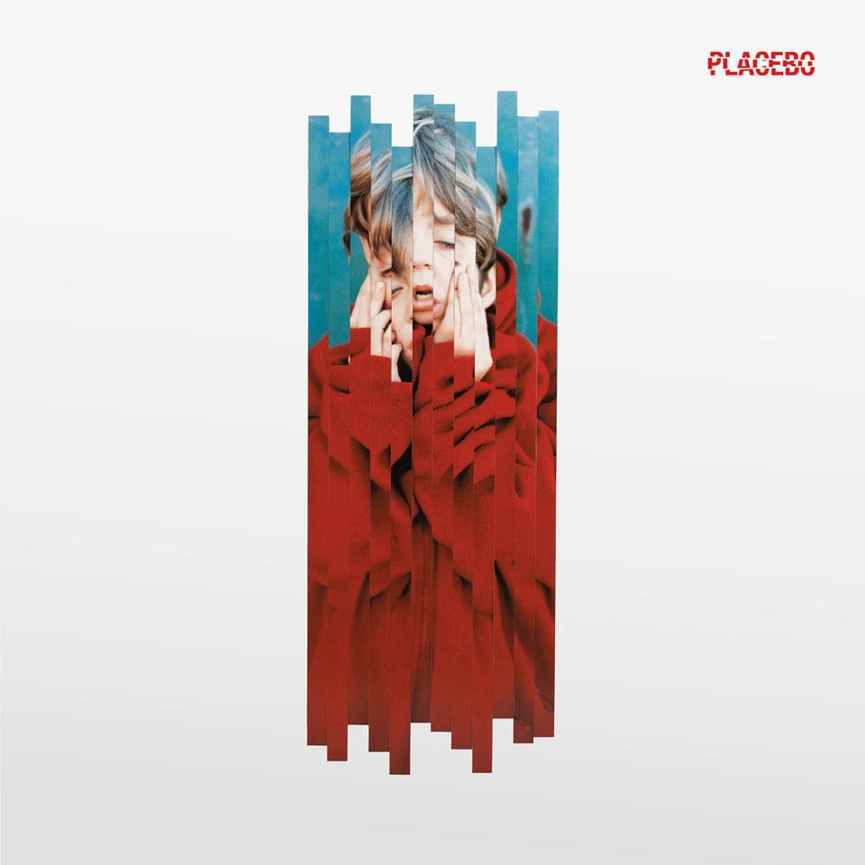 Distorted portrait of a person in red, with fragmented vertical stripes.