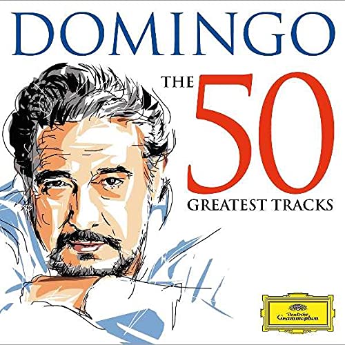 Plácido Domingo portrait with large red “50” and Deutsche Grammophon logo.