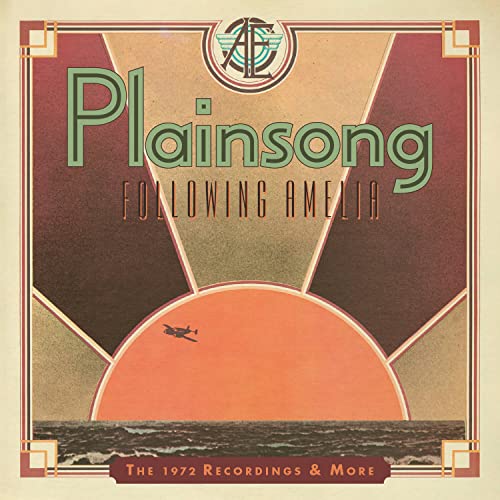 Art deco style album cover featuring a small airplane flying over a sunset ocean.