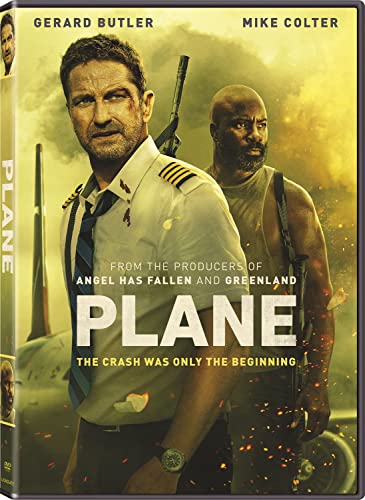DVD cover for action film "Plane" featuring Gerard Butler and Mike Colter.