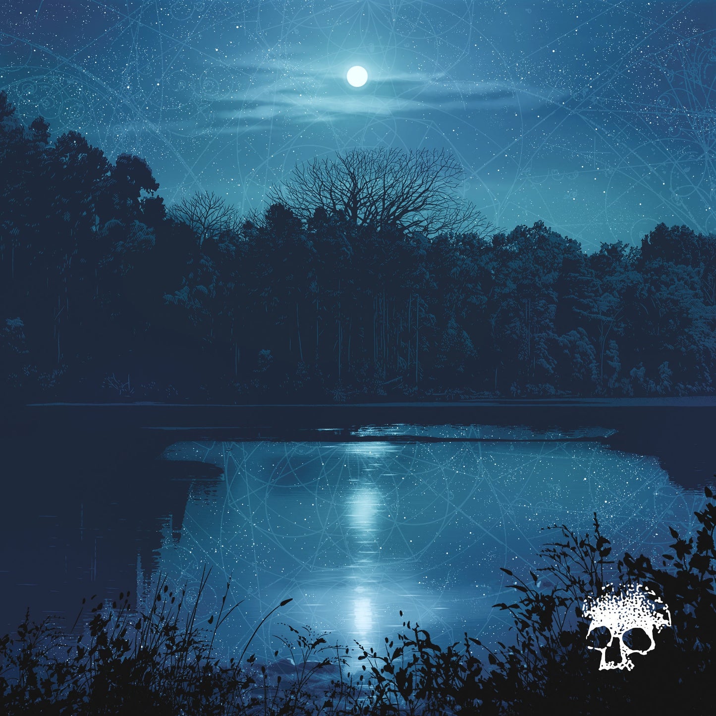 A blue-toned night scene shows a moonlit lake reflecting a full moon over trees.