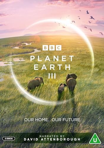 DVD cover for “Planet Earth III” featuring elephants in a grassy landscape.