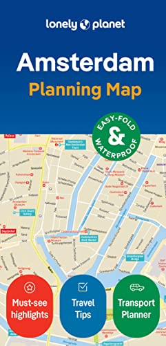 Lonely Planet Amsterdam city map with street grid, landmarks, and three circular feature icons.