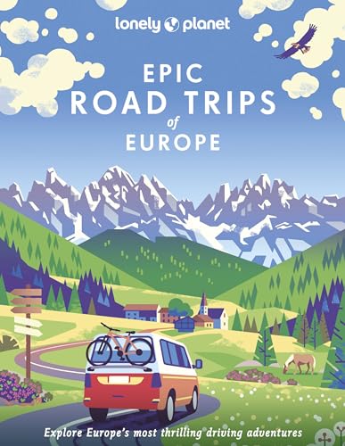 Book cover illustration showing a van driving on a mountain road toward a village.