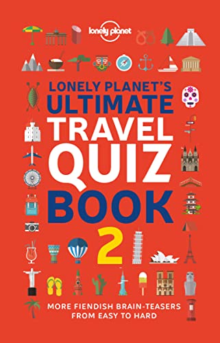 Book cover titled Lonely Planet's Ultimate Travel Quiz Book 2 on a red background.