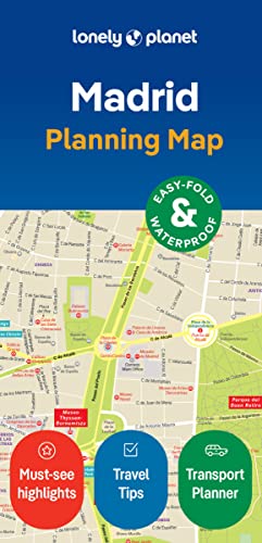 Foldable Madrid city map with street details and highlighted attractions.