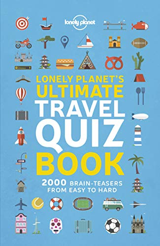Light blue book cover titled Lonely Planet's Ultimate Travel Quiz Book with travel-themed icons.