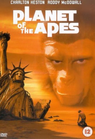 Planet of the Apes" DVD cover with ape face and Statue of Liberty.