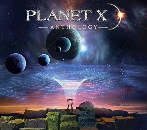 CD cover art: planets, a tunnel, and a chair in a landscape.