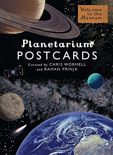 Planetarium Postcards book cover featuring illustrations of Earth, Saturn, and other celestial bodies.