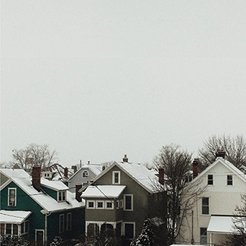 Snow-covered rooftops and bare trees under a gray, overcast sky.
