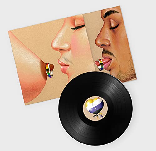 Vinyl record with album cover depicting two faces with rainbow rings.