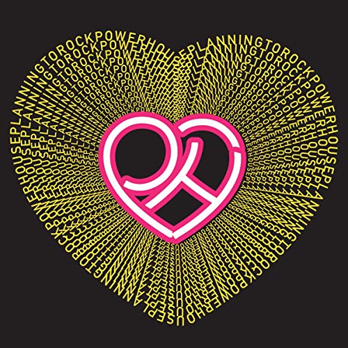 Black background with a yellow and pink heart-shaped design and text.