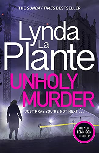 Book cover: gothic church, woman walking towards a crime scene.