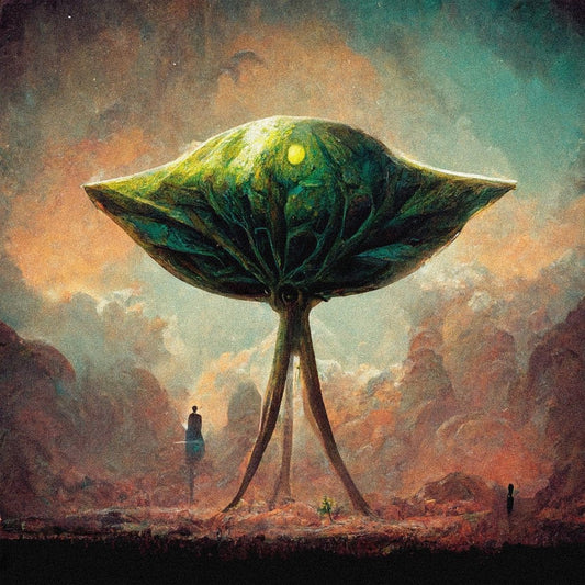 Painting of a large, organic, UFO-shaped object over a barren landscape.