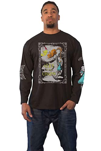 Black long-sleeve shirt featuring an Alice in Chains Wonderland graphic with Alice and cat.
