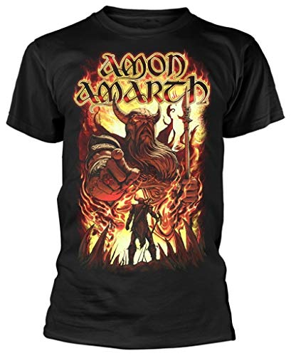 Black Amon Amarth t-shirt featuring Odin pointing forward amidst flames and a small warrior.