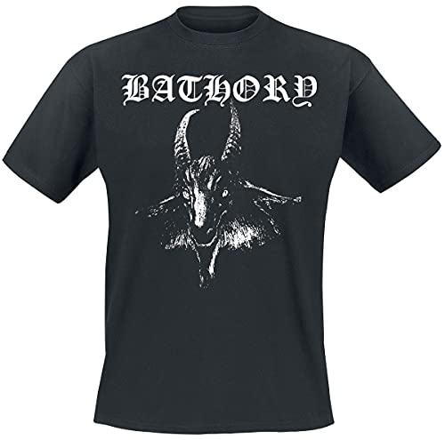Black t-shirt with white graphic of a goat and "BATHORY" text.
