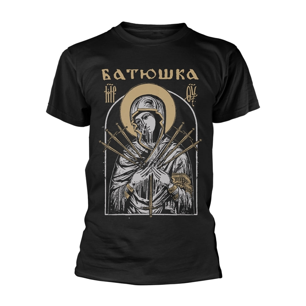 Black t-shirt with a distressed religious icon graphic of Mary pierced by daggers.