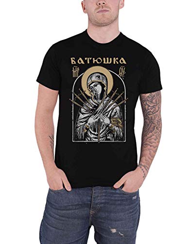 Black t-shirt with a white and black religious icon graphic.