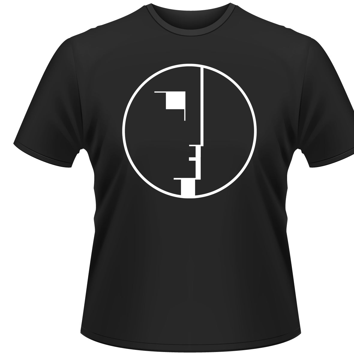 Black t-shirt with a white geometric face design on the chest.