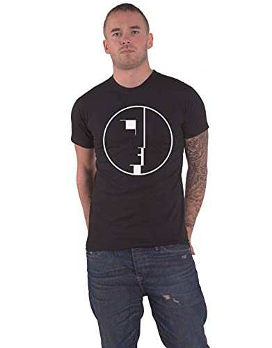 Black t-shirt with a white geometric face design on the chest.