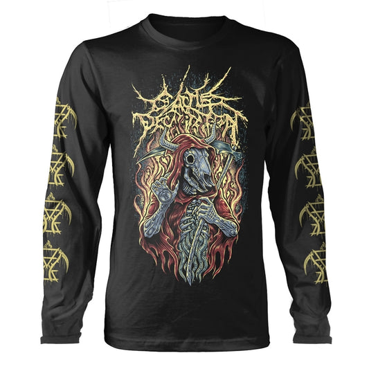 Black long sleeve shirt with a skeletal reaper graphic and band logo.