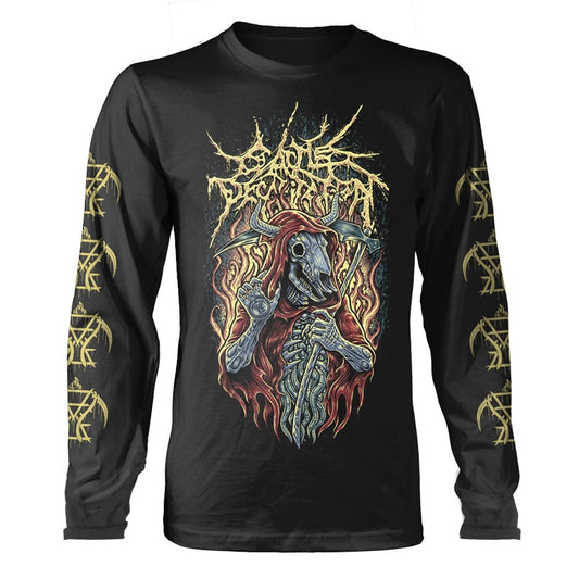 Black long sleeve shirt with a skeletal reaper graphic and band logo.