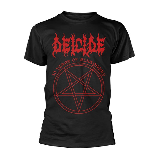 Black t-shirt with red Deicide logo and pentagram design.