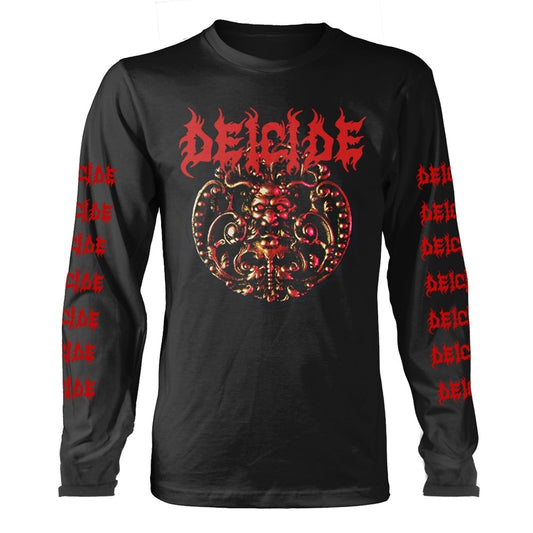 Black long-sleeve shirt with red Deicide logo and ornate skull graphic on the chest.