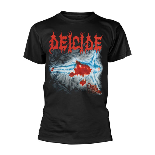 Black t-shirt with a red and white Deicide band graphic print.
