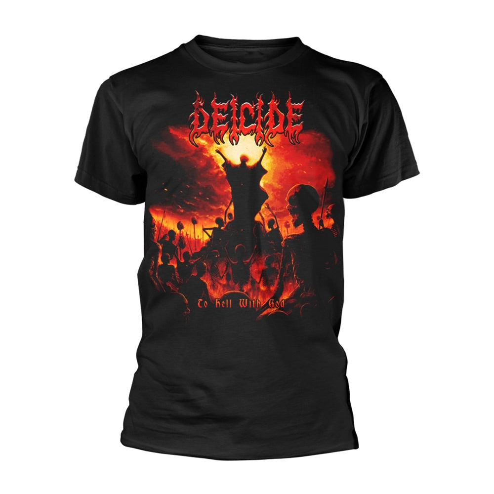 Black t-shirt with red Deicide band logo and hellish imagery.
