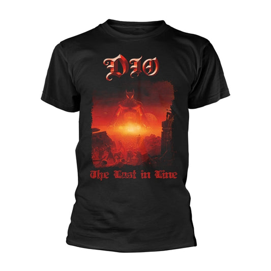 Black t-shirt with "DIO" logo and demonic figure artwork.