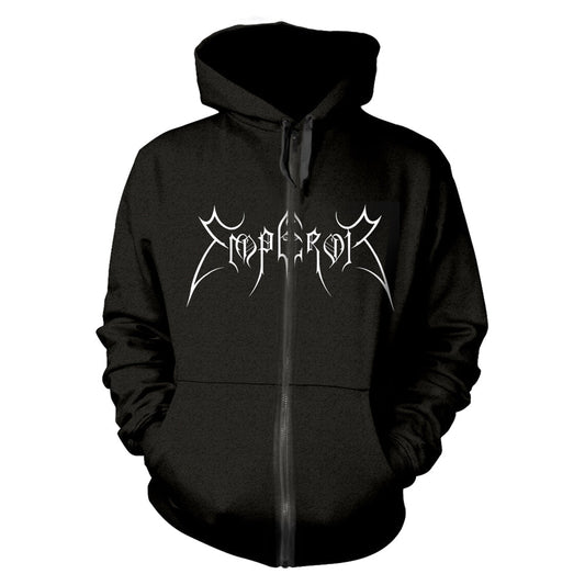 Black hooded sweatshirt with white "Emperor" band logo graphic.