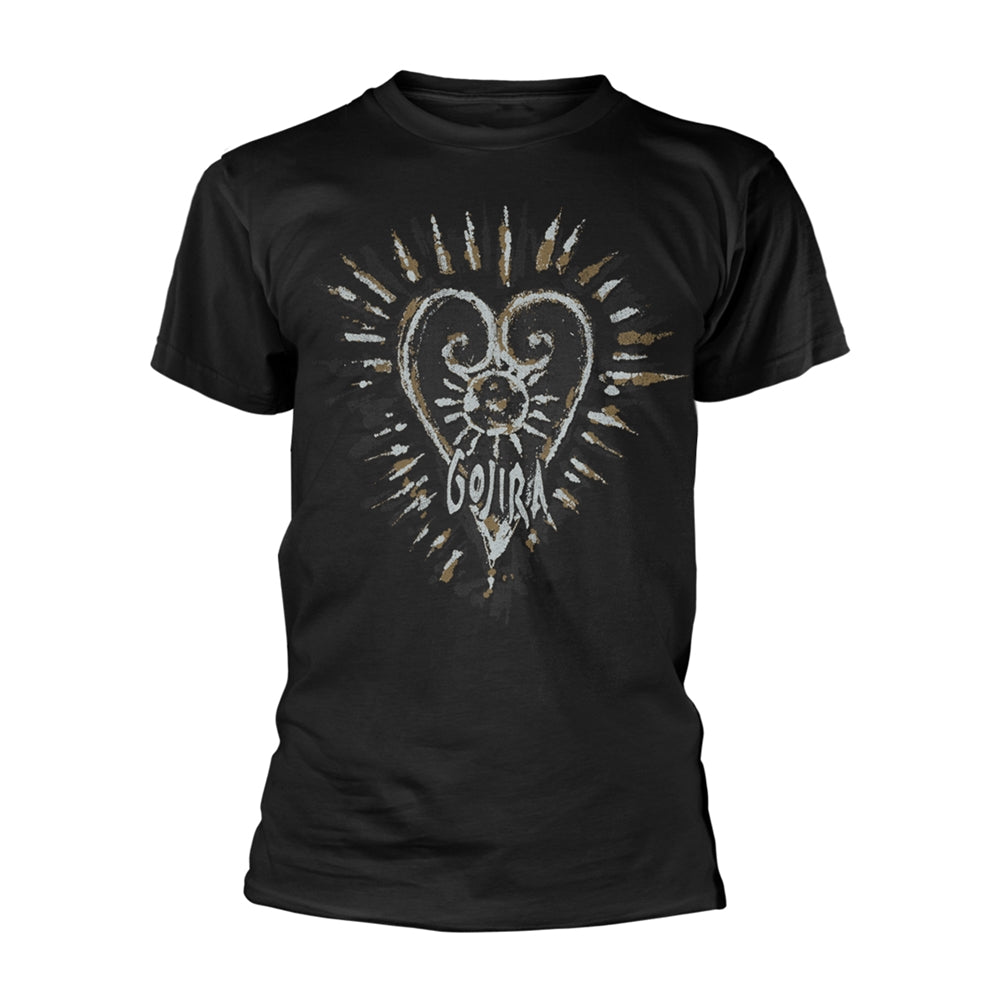 Black t-shirt with a gold and white heart and "Gojira" text design.