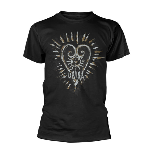 Black t-shirt with a gold and white heart and "Gojira" text design.