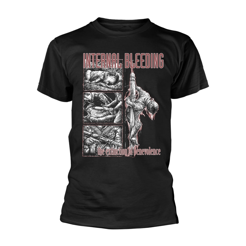 Black t-shirt with graphic of distressed figures and band name "Internal Bleeding".
