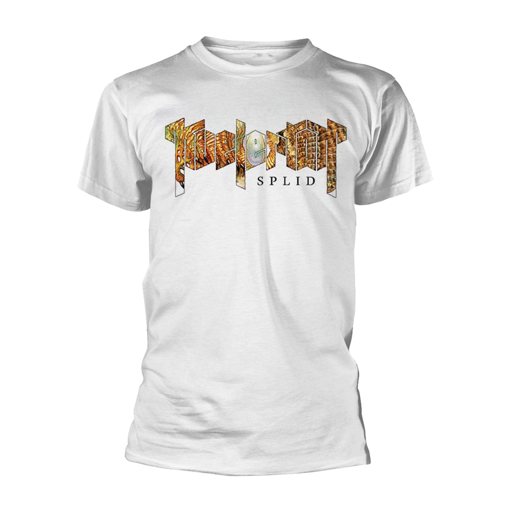 White t-shirt with colorful “Kvelertak ‘Splid’” album art graphic.