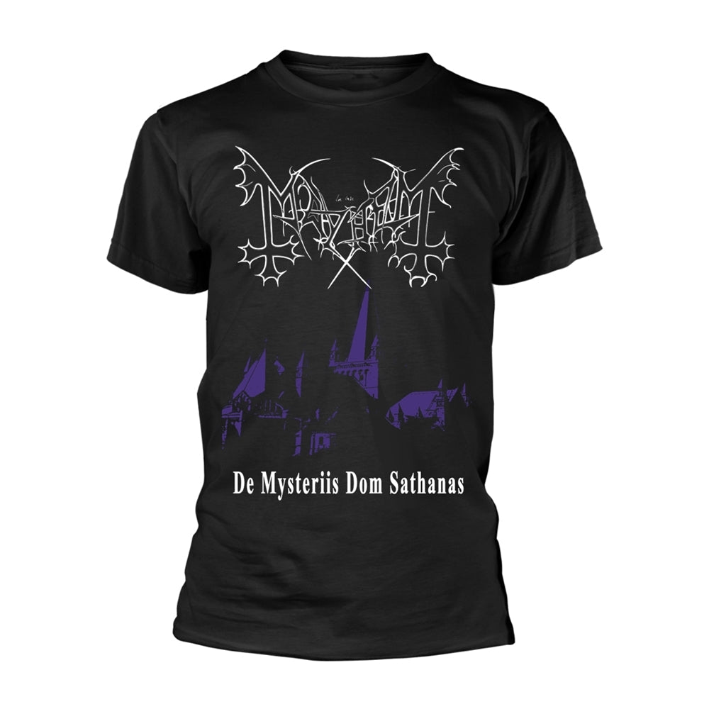 Black t-shirt with white gothic lettering and a church illustration.