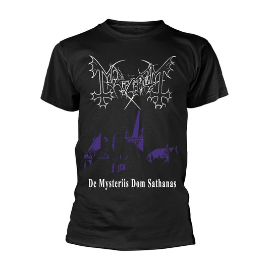Black t-shirt with white gothic lettering and a church illustration.