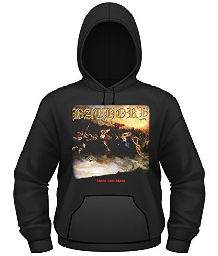 Black hooded sweatshirt featuring the Bathory Blood Fire Death album cover graphic.