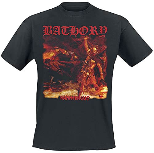 Black t-shirt with a red and grey Bathory album cover graphic.