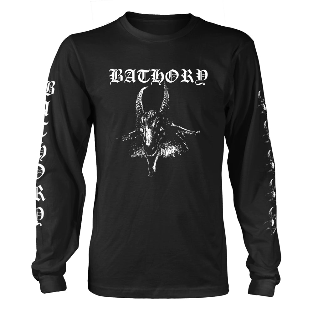Black long-sleeve t-shirt with white Bathory band logo and goat illustration.
